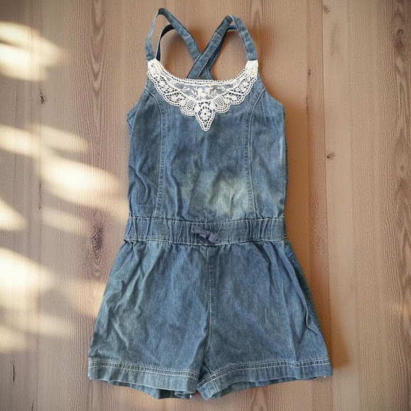 YOUNG HEARTS • Denim Blue Kids Lace Detail Romper - Picture 3 of 3